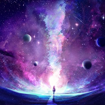 Abstract artistic multicolored dimensional galactic nebula filled with stars and planets hitting a stand alone woman