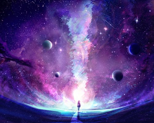 Abstract artistic multicolored dimensional galactic nebula filled with stars and planets hitting a stand alone woman