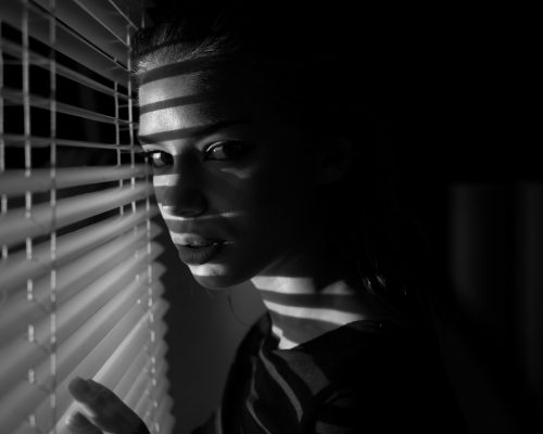 poster style Portrait of young woman looking through  sun blinds window shutter artistic version