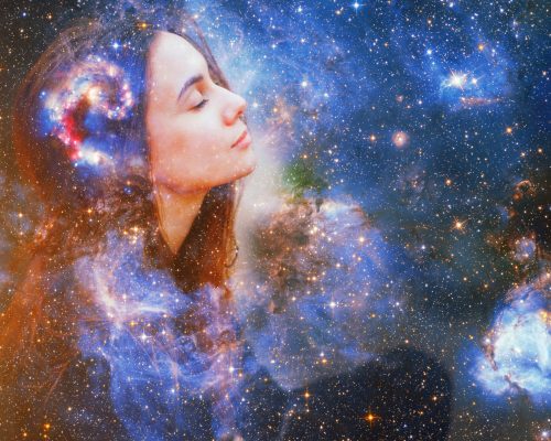 Double exposure portrait of a young woman close eye face with galaxy space inside head. Human inner peace, star light fire, life zen girl love, rpa ai concept. Elements of this image furnished by NASA