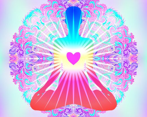 Heart Chakra concept. Inner love, light and peace. Silhouette in lotus position over colorful ornate mandala. Vector illustration isolated on white. Buddhism esoteric motifs. Tattoo, spiritual yoga.