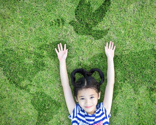 World peace day and International day of peace concept with peaceful mind kid resting in clean natural environment on eco friendly green lawn world map and dove