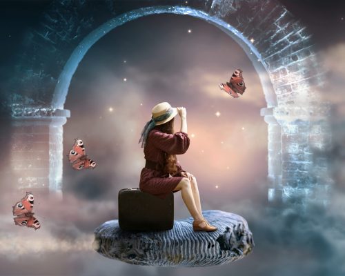 Young lady woman in retro dress and hat sitting on suitcase and flies on ammonite fossil through space and universe, idyllic fantasy scene with ghost arch ruins and butterflies, travel around world.