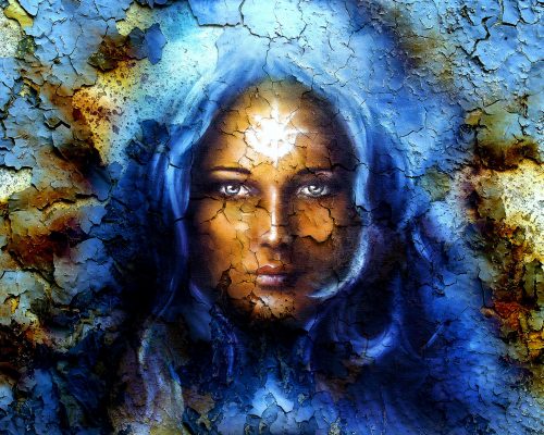 mystic face women, with structure crackle background effect, with star on forehead, collage. eye contact