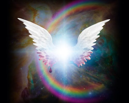 Surreal digital art. Bright star with angel's wings. Blood drips down from wings. Rainbow in colorful vivid universe.